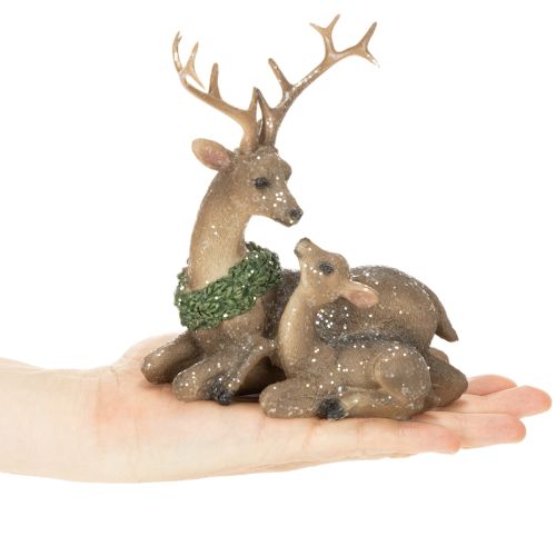 Dekofigur Hirschfamilie mit Schnee aus Kunststoff 17 cm Braun-Grün-Weiß | Floristik24.at