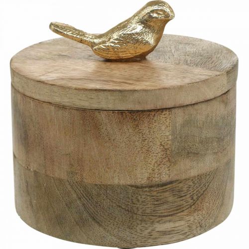 Artikel Schmuckdose mit Vogel, Frühling, Dekobox aus Mangoholz, Echtholz Natur, Golden H11cm Ø12cm