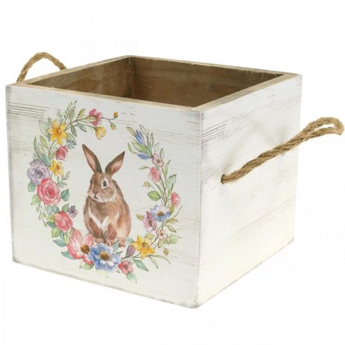 Floristik24 Deko Pflanzgefäß Shabby Holz Weiß Hase Pflanzkasten 12×14×14cm