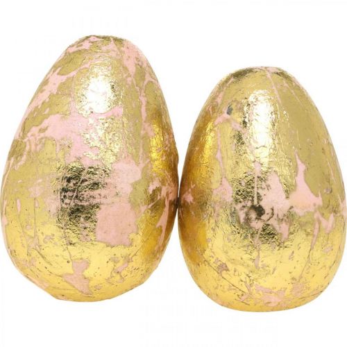 Floristik24 Edle Eier aus Holz, Frühlingsdeko, Ostereier im Netz Rosa, Golden H7–7,5cm Ø 4–4,5cm 6St
