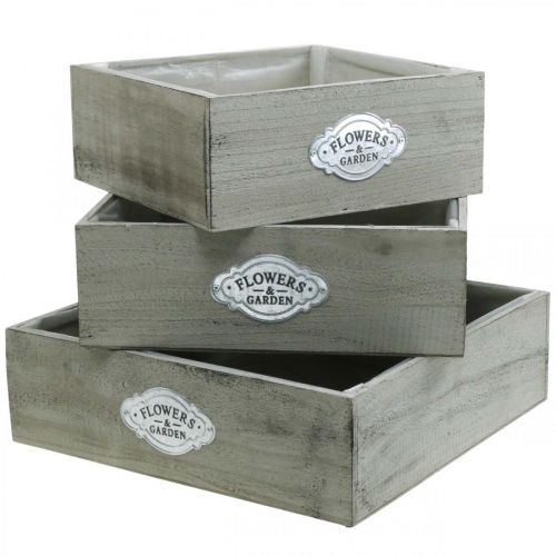 Floristik24 Pflanzkasten Holz Vintage Metallschild Grau 28/33/37cm 3er-Set
