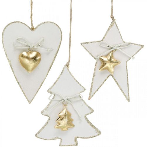 Weihnachtsanhänger Herz / Tanne /Stern, Holzdeko, Baumschmuck mit Glöckchen Weiß, Golden H14,5/14/15,5cm 3St Weihnachtsanhänger Herz / Tanne /Stern, Holzdeko, Baumschmuck mit Glöckchen Weiß, Golden H14,5/14/15,5cm 3St