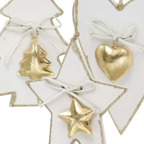 Weihnachtsanhänger Herz / Tanne /Stern, Holzdeko, Baumschmuck mit Glöckchen Weiß, Golden H14,5/14/15,5cm 3St