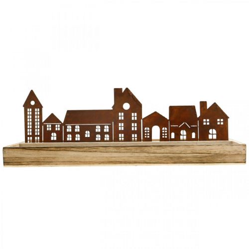 Deko Tablett Holz rechteckig mit Edelrost Häuser 35×15cm