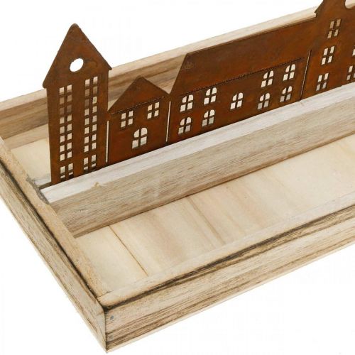 Artikel Deko Tablett Holz rechteckig mit Edelrost Häuser 35×15cm