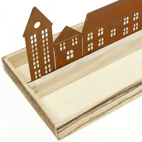 Floristik24 Deko Holztablett rechteckig mit Edelrost Häuser 50×17cm