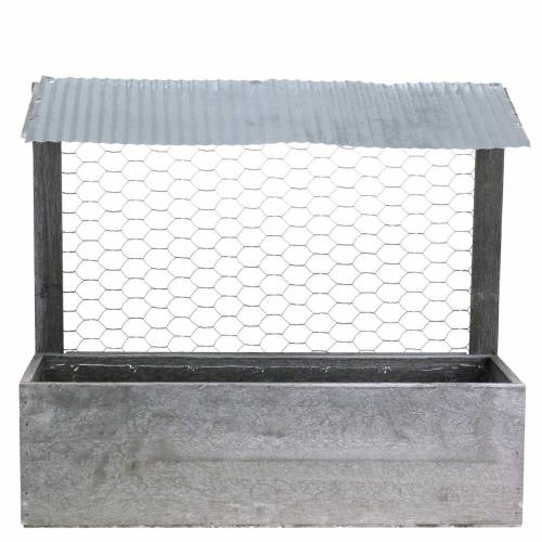 Floristik24 Pflanzkasten Holz mit Blechdach und Hasendraht Grau gewaschen 38×13,5cm H34cm