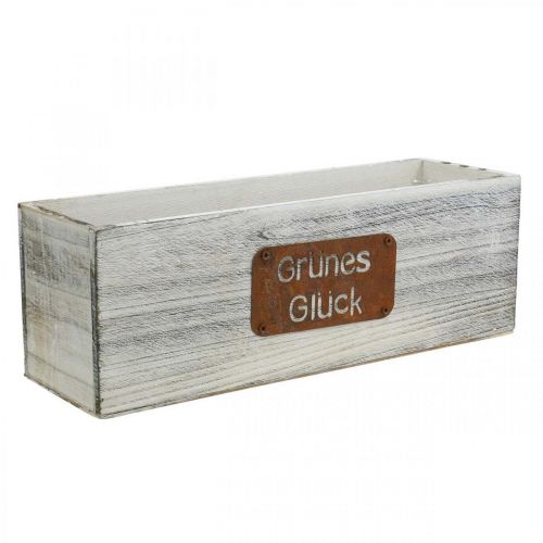 Artikel Pflanzgefäß “Grünes Glück”, Gartendeko, Holzdeko zum Bepflanzen Weiß gewaschen, Edelrost L35cm H12cm