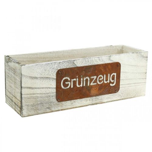 Artikel Pflanzkasten “Grünzeug”, Übertopf, Gartendeko aus Holz Weiß gewaschen, Edelrost L35cm H12cm