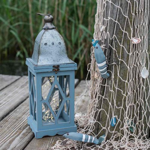 Artikel Holzlaterne mit Metalldekor, Dekolaterne zum Aufhängen, Gartendeko Blau-Silbern H51cm