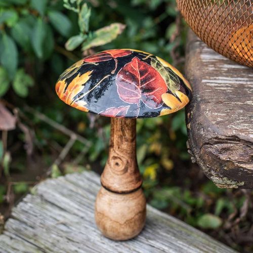 Floristik24 Holzpilz Deko Buntes Laub Herbstdeko Schwarz, Bunt Ø13cm H19cm