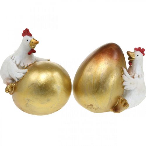 Floristik24 Deko-Hühner mit Oster-Ei, Osterhühner, Goldenes Ei, Osterdeko H12/11cm 2er-Set