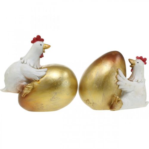 Floristik24 Deko-Hühner mit Oster-Ei, Osterhühner, Goldenes Ei, Osterdeko H12/11cm 2er-Set