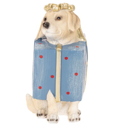 Dekofigur Hund sitzend im Geschenkpaket 20cm Kunstharz handbemalt | Floristik24.at
