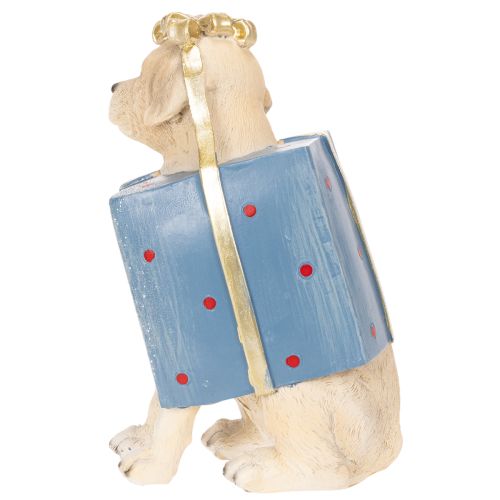 Dekofigur Hund sitzend im Geschenkpaket 20cm Kunstharz handbemalt | Floristik24.at