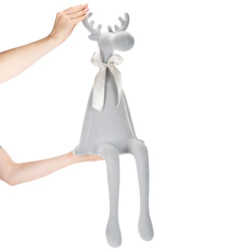 Beflockte Dekofigur Elch mit Schleife als Kantenhocker 80 cm hellgrau | Floristik24.at