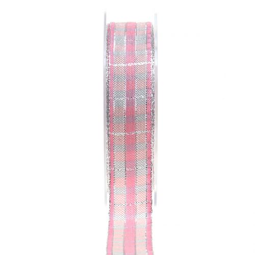 Karoband mit Glimmer Rosa-Silber 25mm 15m