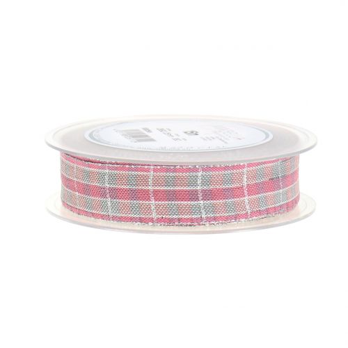 Floristik24 Karoband mit Glimmer Rosa-Silber 25mm 15m