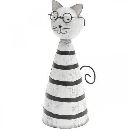 Katze mit Brille, Dekofigur zum Stellen, Katzenfigur Metall Schwarz-Weiß H16cm Ø7cm