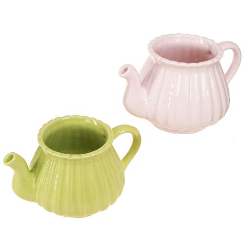 Floristik24 Keramik Deko Teekanne Übertopf Rosa Grün 19,5×13,5×11cm 2 St