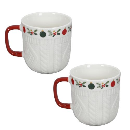 Artikel Keramik Weihnachtstasse mit Strickmuster und festlichem Dekor 9cm - Rot-Weiß 2St