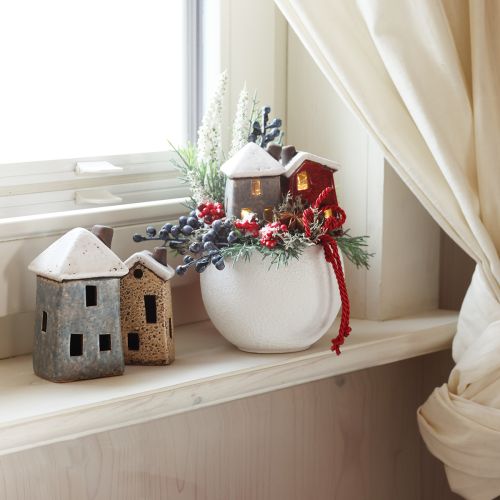 Keramikhäuschen Adventsdeko Creme Rot Grau 8,5/9,5cm 3 St