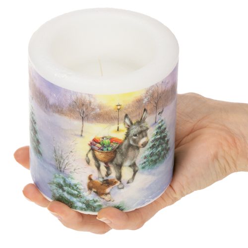 Stumpenkerze 10cm Weiß mit Winterlandschaft und Tiermotiv | Floristik24.at