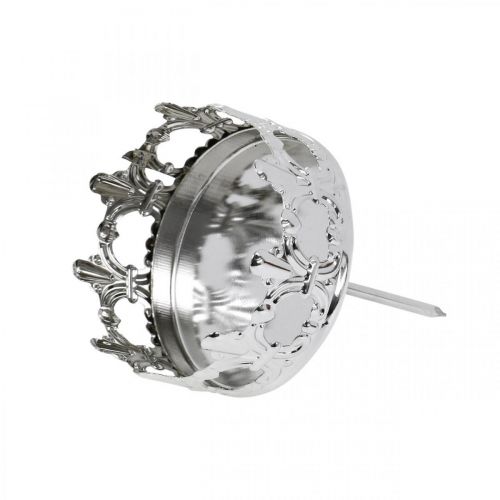 Floristik24 Kerzendeko Krone, Teelichthalter zum Stecken, Adventsdeko Silbern Ø5,5cm 4St