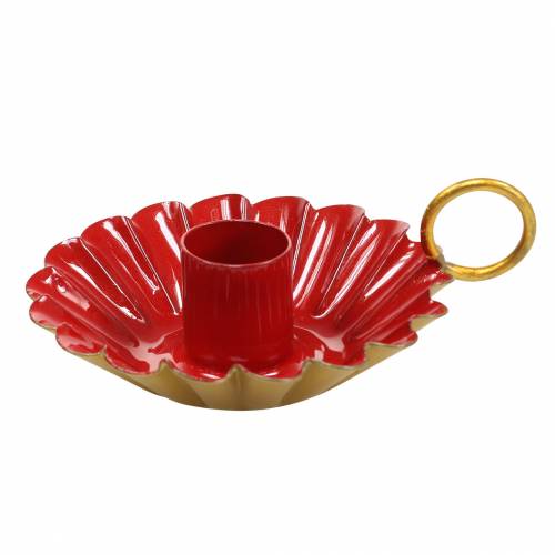 Kerzenhalter mit Griff Emaille-Optik Rot, Gold Ø13cm H4,4cm