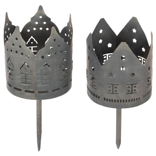 Teelichthalter mit Steckdorn aus Metall 6 cm dunkelgrau im Häuser-Motiv 2 Stück | Floristik24.at