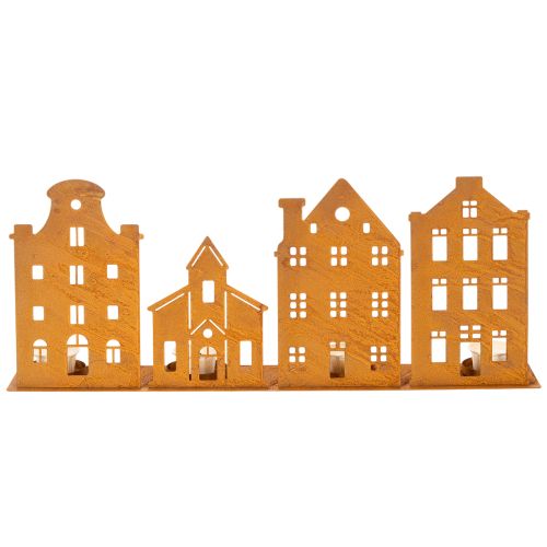 Kerzenhalter Metall Silhouetten Häuser Rostoptik 52×12cm | Floristik24.at