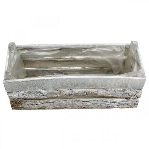 Pflanzkasten, Übertopf mit Rinde, Holzdeko, Shabby Chic Weiß gewaschen L35,5cm H15cm