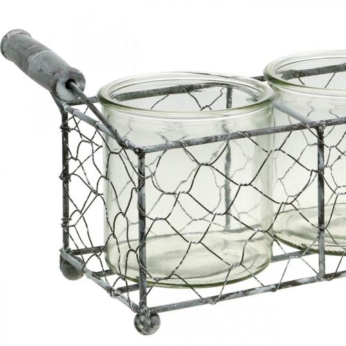 Floristik24 Vintage Deko Glasvase Windlicht im Drahtkorb Geweißt 32×10,5cm
