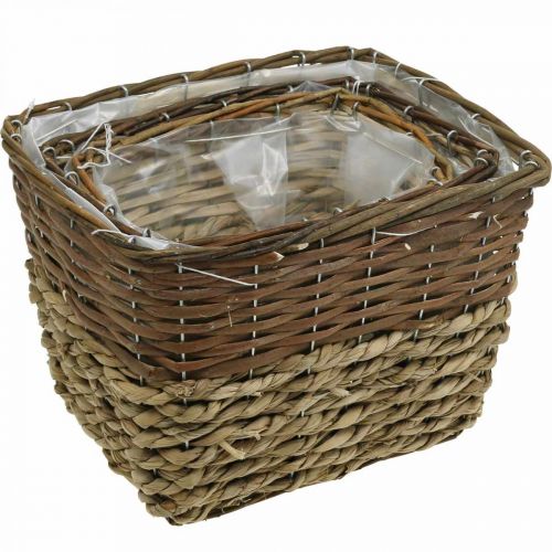 Artikel Pflanzkorb, Naturgefäß zum Bepflanzen, Blumenschale eckig Natur L29,5/26/23cm H21/19/16cm 3er-Set