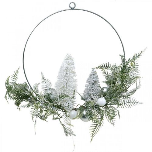 Floristik24 Beleuchteter Kranz mit Tannen und Kugeln, Advent, Winterdeko zum Hängen, LED-Deko-Ring Silbern B45cm Ø30cm