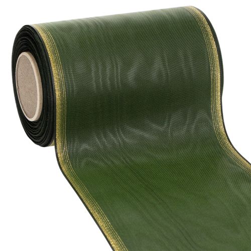 Floristik24 Kranzband Moiré 150mm Dunkelgrün mit Perlkante in Gold, Taftbindung 25m Rolle für Dekoration und Gestaltung