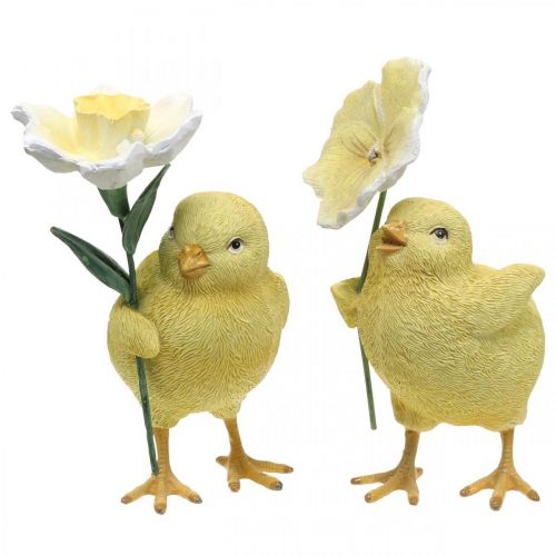 Fröhliche Oster-Küken, Küken mit Blume, Tischdeko Ostern, Deko-Küken H11/11,5cm 2er-Set