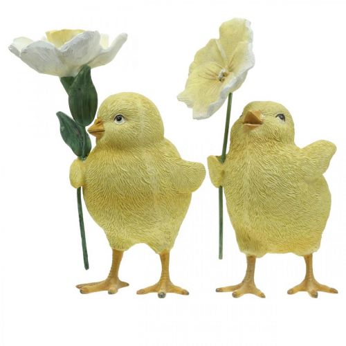 Floristik24 Fröhliche Oster-Küken, Küken mit Blume, Tischdeko Ostern, Deko-Küken H11/11,5cm 2er-Set