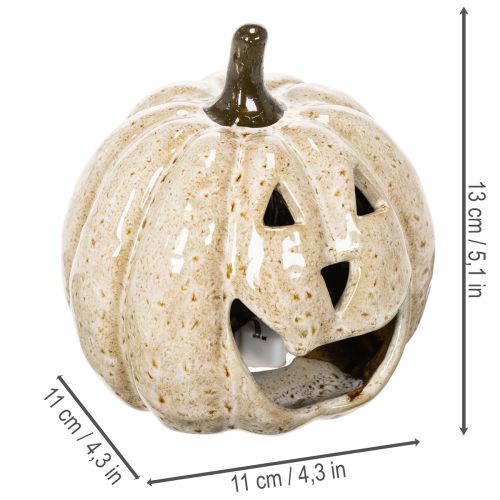Keramik Kürbis Dekoleuchte LED grinsendes Gesicht 13 cm creme | Floristik24.at