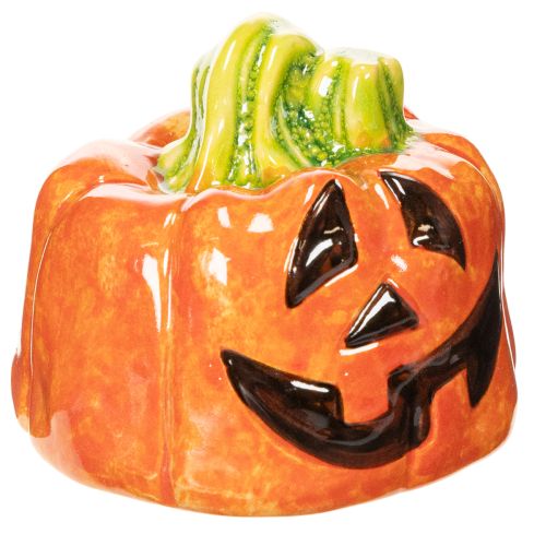 Deko-Kürbis aus Keramik, handbemalt, 8 cm, orange-grün, Herbst und Halloween