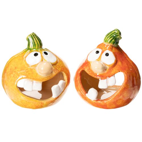 Kürbis-Teelichthalter aus Keramik mit lustigem Gesicht, 12 cm, 2er-Set