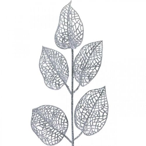 Floristik24 Kunstpflanzen, Zweig Deko, Deko Blatt Silbern Glitter L36cm 10 St