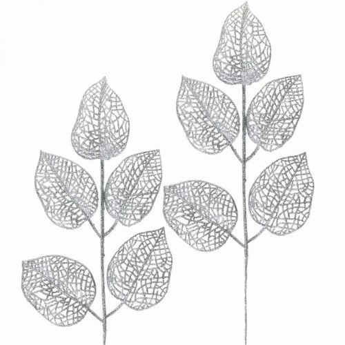 Floristik24 Kunstpflanzen, Zweig Deko, Deko Blatt Silbern Glitter L36cm 10 St