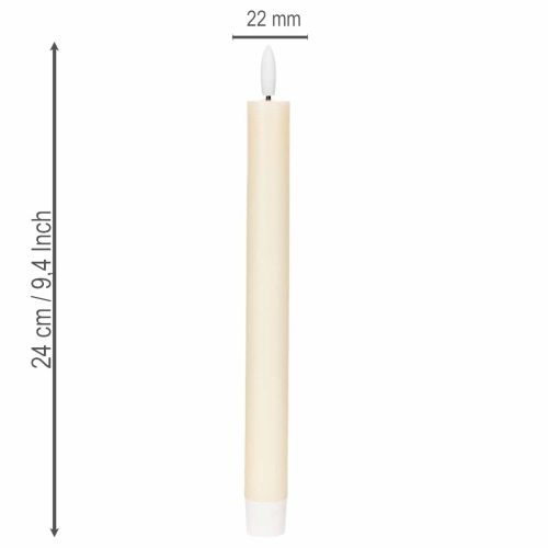 ProductNameLED-Spitzkerzen aus Echtwachs, 24 cm, Cremeweiß, warmweißes Licht und Timer, 2 Stück/ProductName
ProductDescription<h2>LED-Spitzkerzen aus Echtwachs für Tisch und Wohnraum</h2>
<p>Dieses Set enthält zwei cremeweiße LED Spitzkerzen aus Echtwachs | Floristik24.at