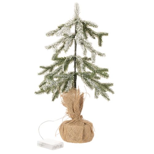 Künstliche beschneite Tanne mit LED-Lichtern im Jutesack 50 cm innen | Floristik24.at