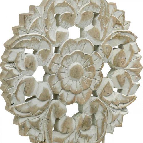 Artikel Florales Mandala, Holzdeko zum Stellen, Sommerdeko, Tischschmuck Shabby Chic Natur, Weiß H54,5cm Ø34cm