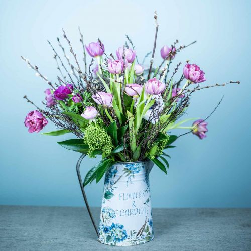 Floristik24 Blumenvase Kanne Blumen Blau, Grün Gartendeko Pflanzkübel Metall 23cm