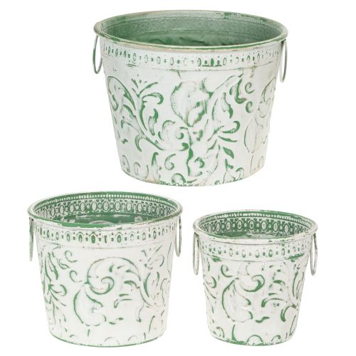 Metall-Pflanztöpfe mit Henkeln, 3er-Set, Weiß-Grün, Ø25,5/20,5/15,5 cm, H20,5/18,5/16 cm | Floristik24.at