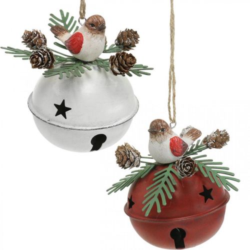 Floristik24 Glocken mit Rotkehlchen, Vogeldeko, Winter, Deko-Glocken für Weihnachten Weiß/Rot Ø9cm H10cm 2er-Set