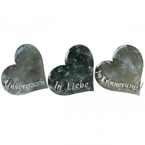 Floristik24 Trauerstecker Herzen “Unvergessen” „In Liebe" “In Erinnerung”, Metalldeko, Silbern 8×7cm 12St